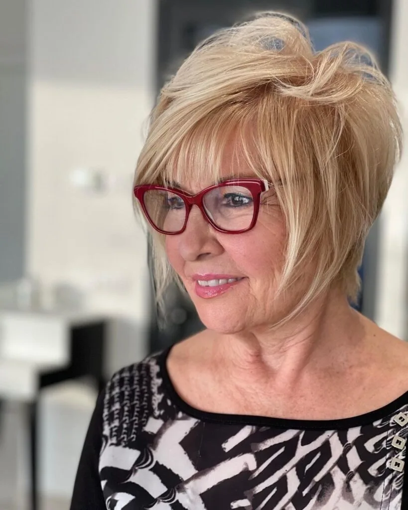 Trendy Short shag haircut for older women with glasses