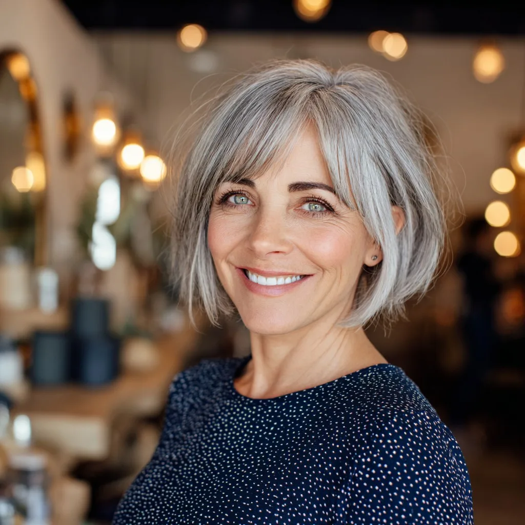 Trendy Textured Silver Bob with Soft Bangs