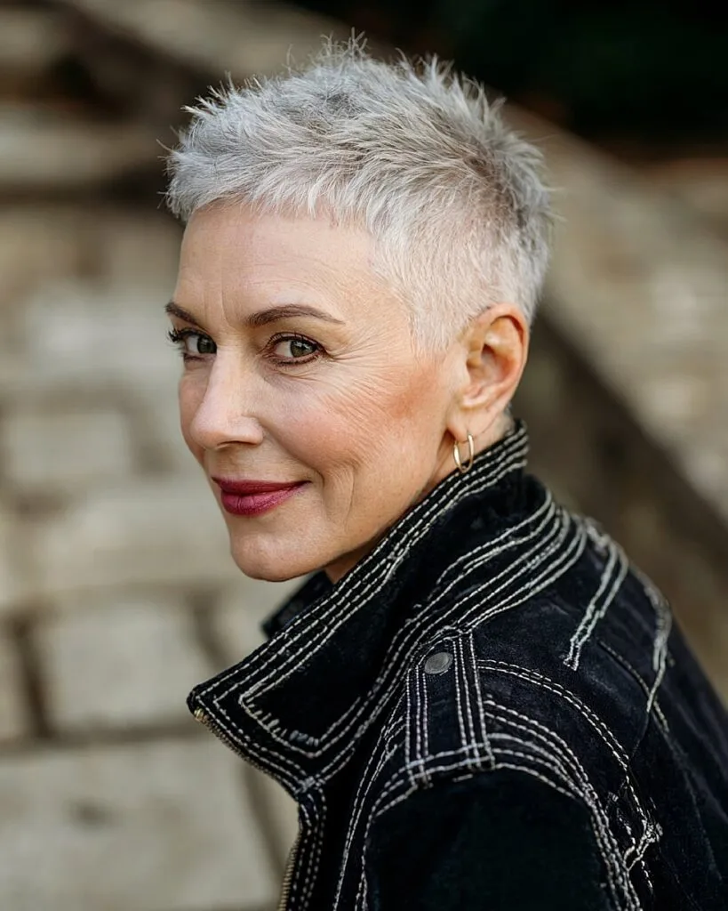 Very short gray haircut with faded sides for women over 50 with a bold style