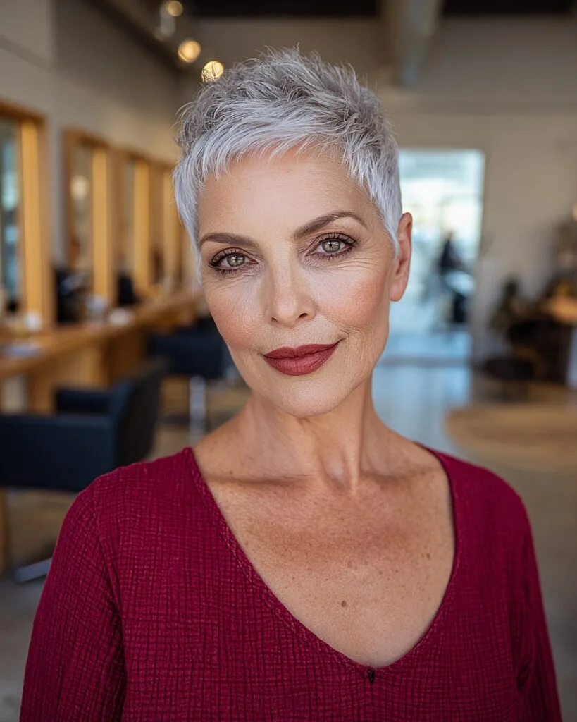 Very short silver textured pixie with bangs for older women with thick coarse hair