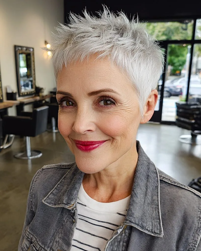 Very short white spiky pixie cut with fringe for older women with thick straight hair