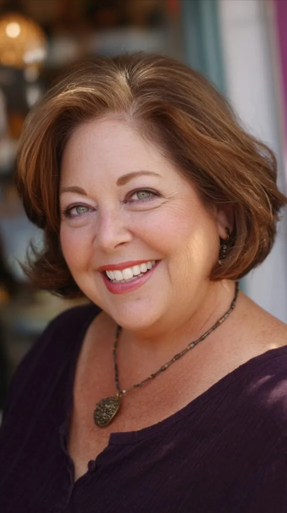 Vibrant Auburn Lob with Soft Curls for Mature Women