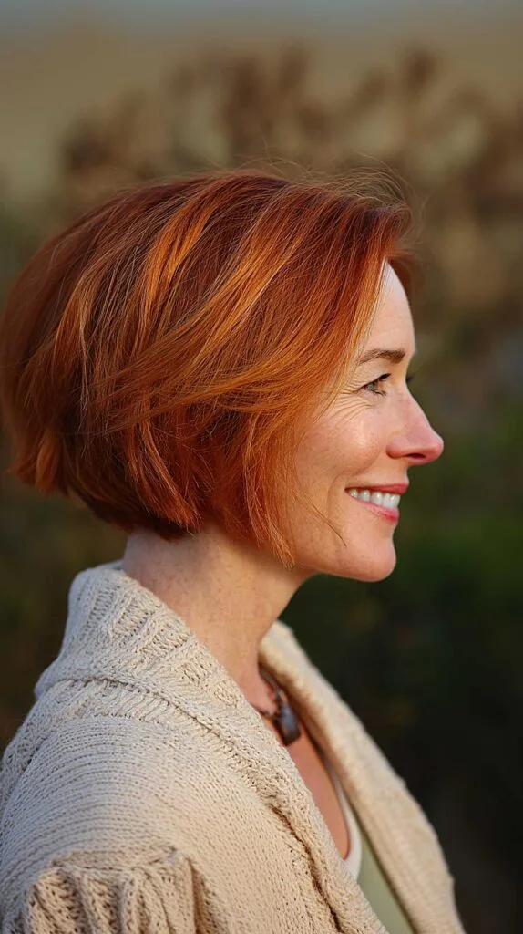 Vibrant copper A-line bob with tousled texture
