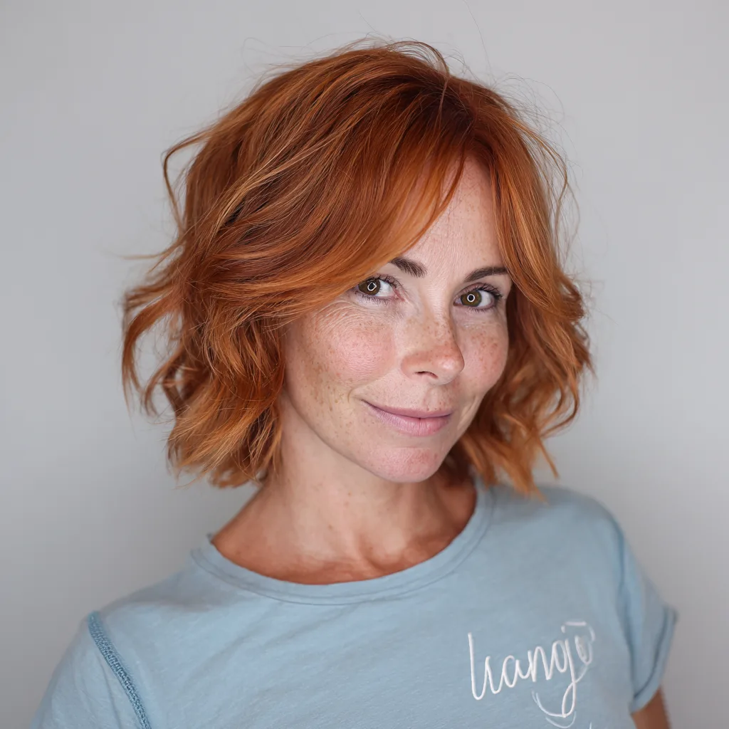 Vibrant Copper Layered Bob with Playful Bangs