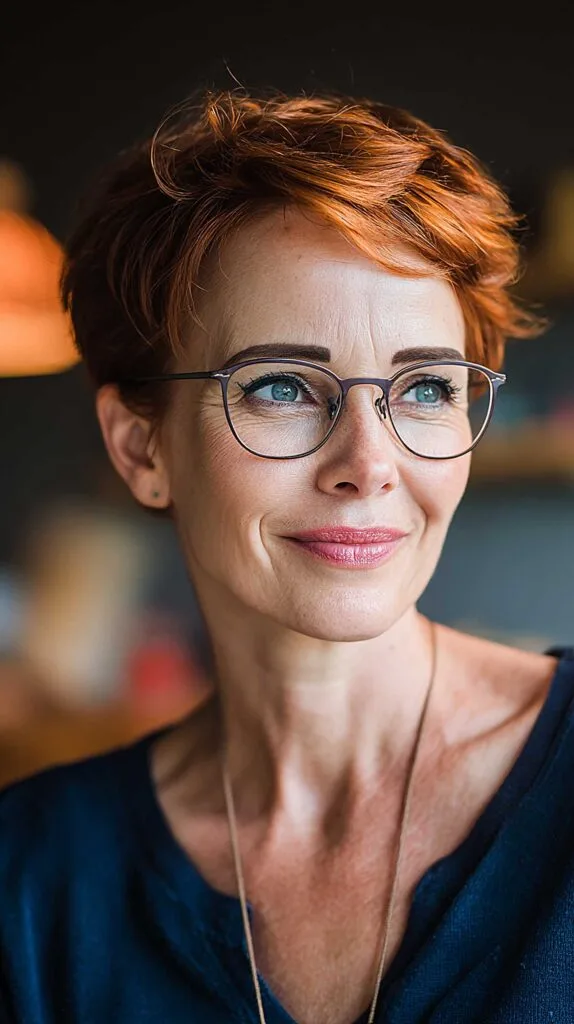 Vibrant copper red pixie with tousled top and glasses