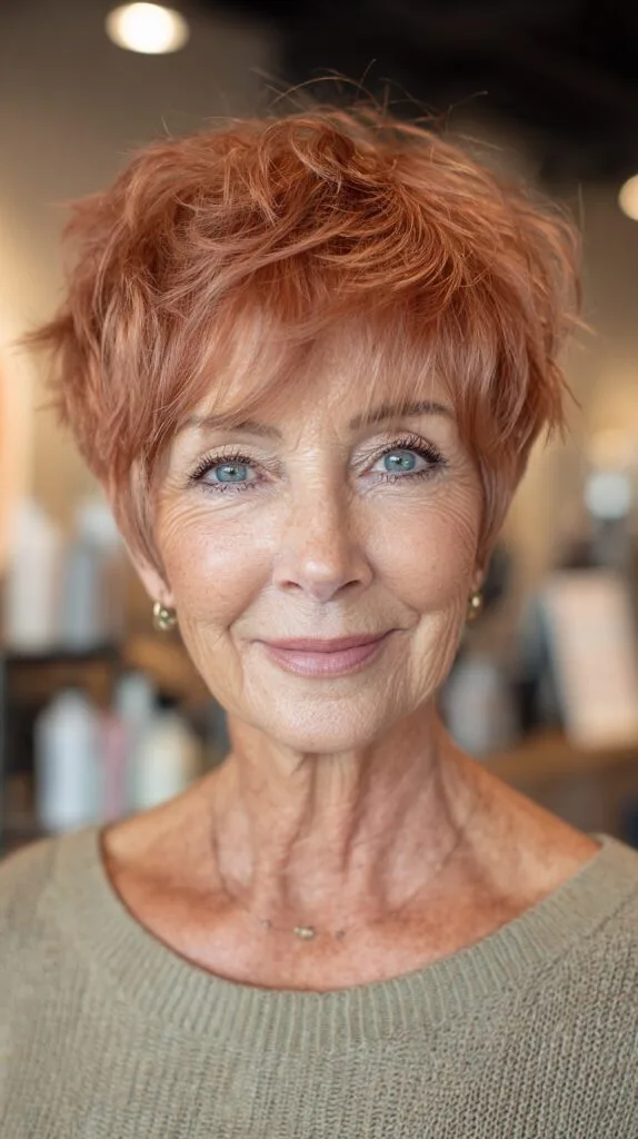 Vibrant Copper Textured Pixie for Elderly Elegance