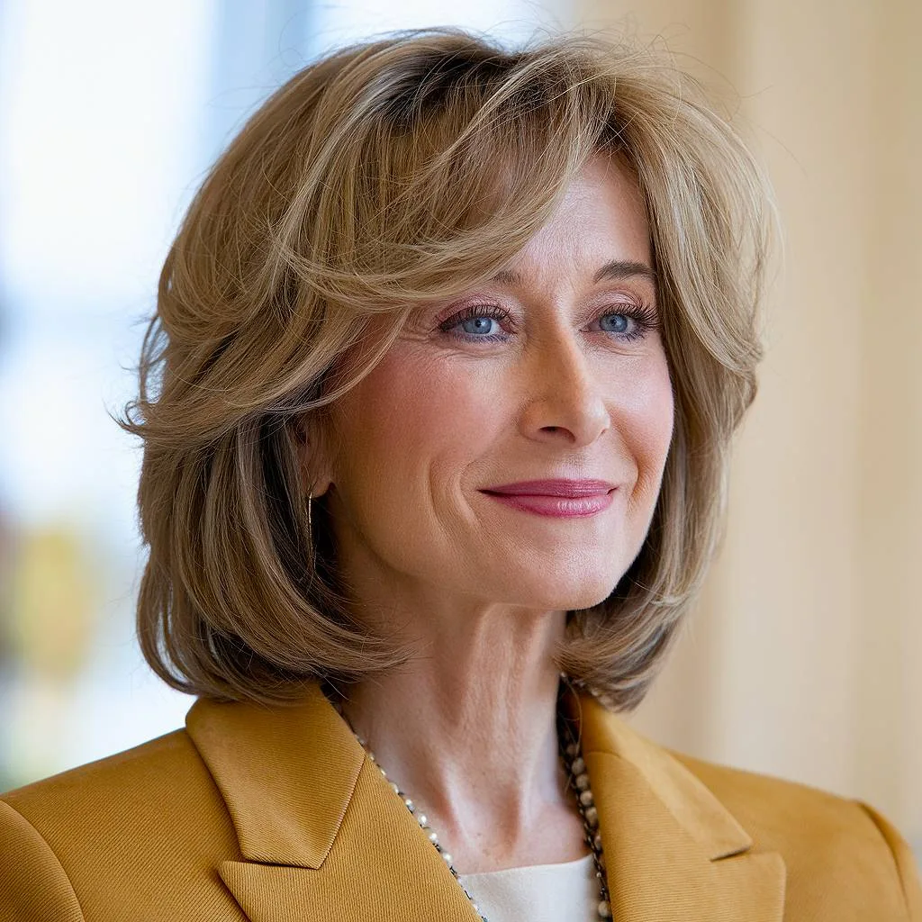Volulette bob hairstyle for fine hair over 40 with feathered layers and rounded volume