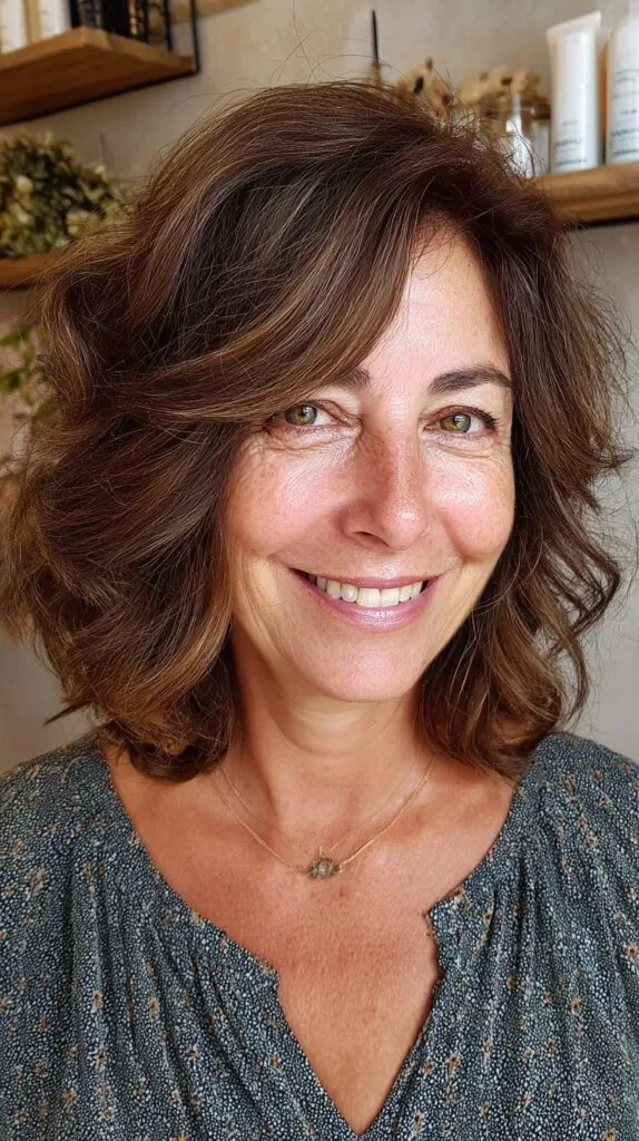 Voluminous Chestnut Layered Lob with Subtle Temple Lights