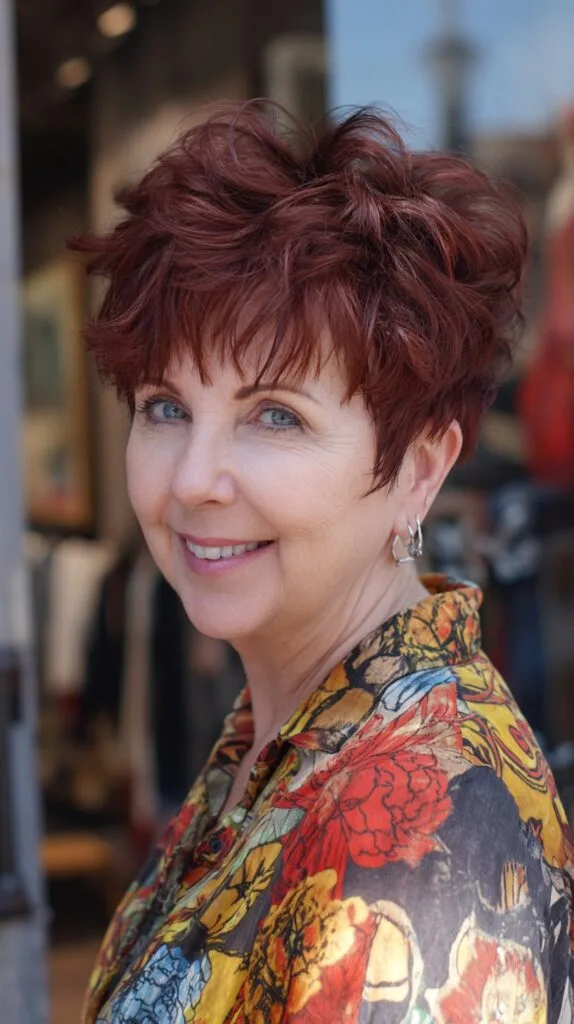 Voluminous Copper Pixie Shag with Tapered Nape