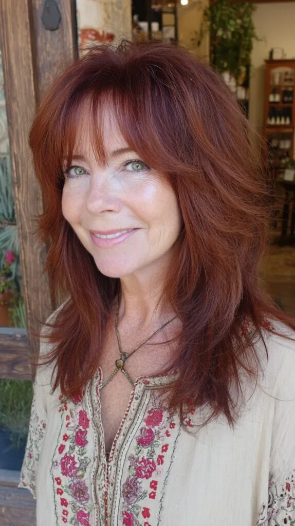 Voluminous Copper Shoulder-Length Shag with Crown Lift