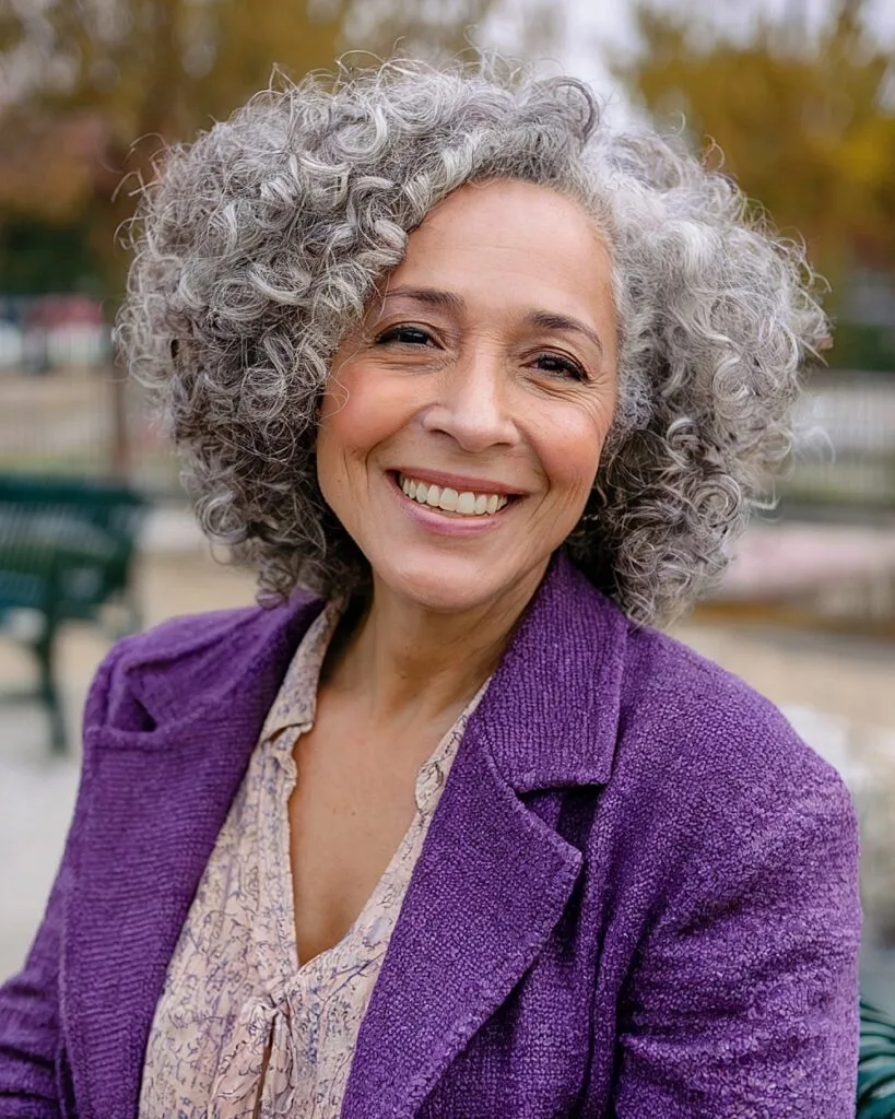 Voluminous curly gray hair with lowlights for added texture over 50
