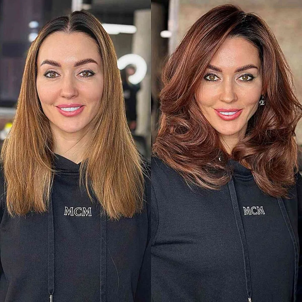Voluminous Reddish-Brown Hair with a Side Part for 30-year-olds