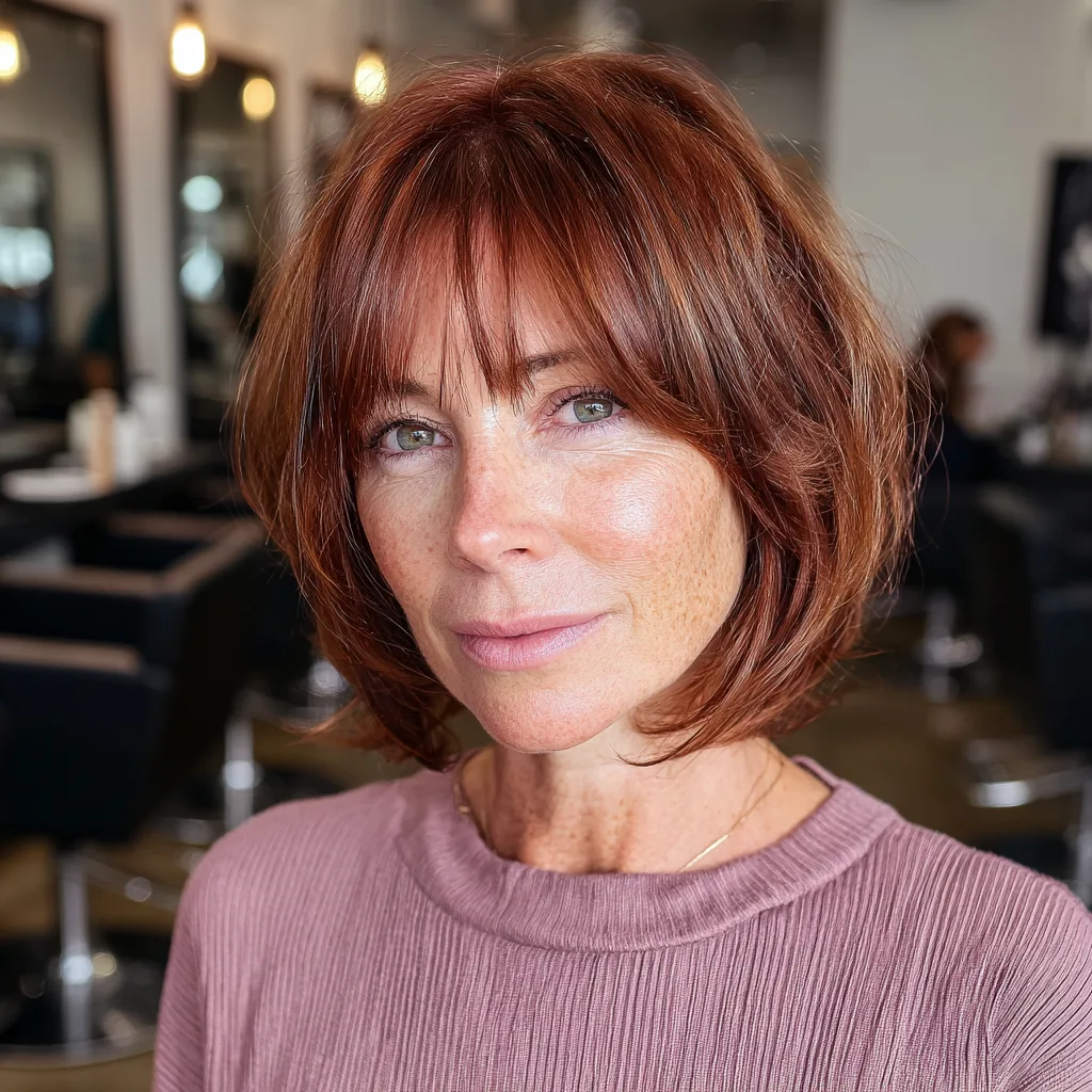 Warm Auburn Layered Bob with Face-Framing Bangs