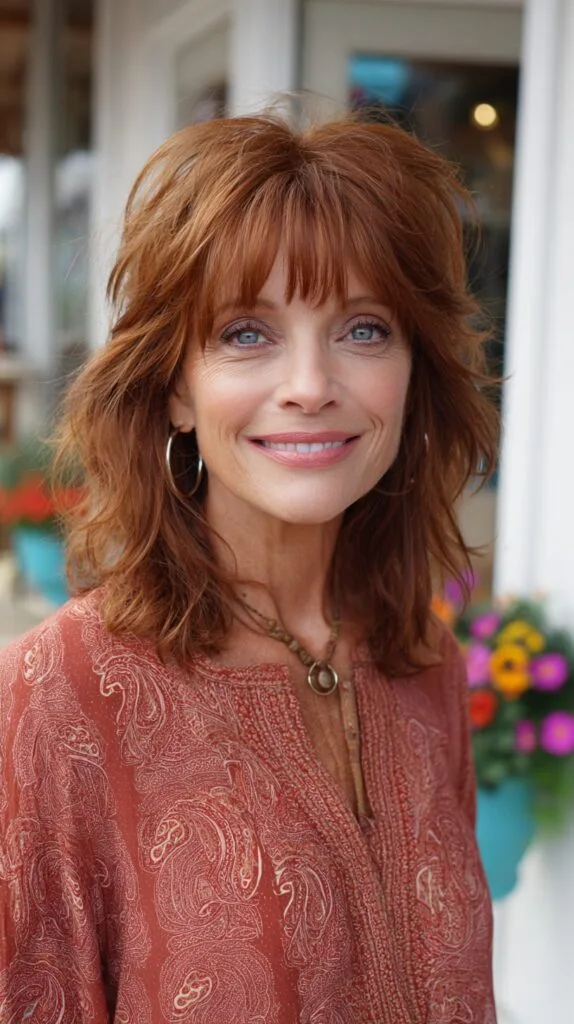 Warm Auburn Medium Shag with Feathered Fringe and Crown Lift
