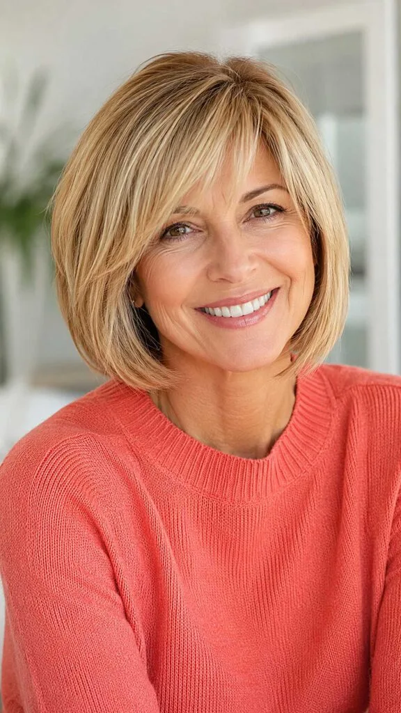 Warm Blonde Layered Bob with Brow-Skimming Fringe
