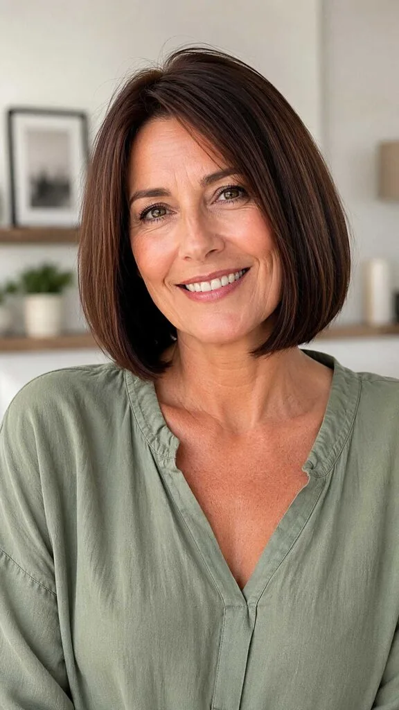 Warm brunette chin-length bob with side-swept fringe