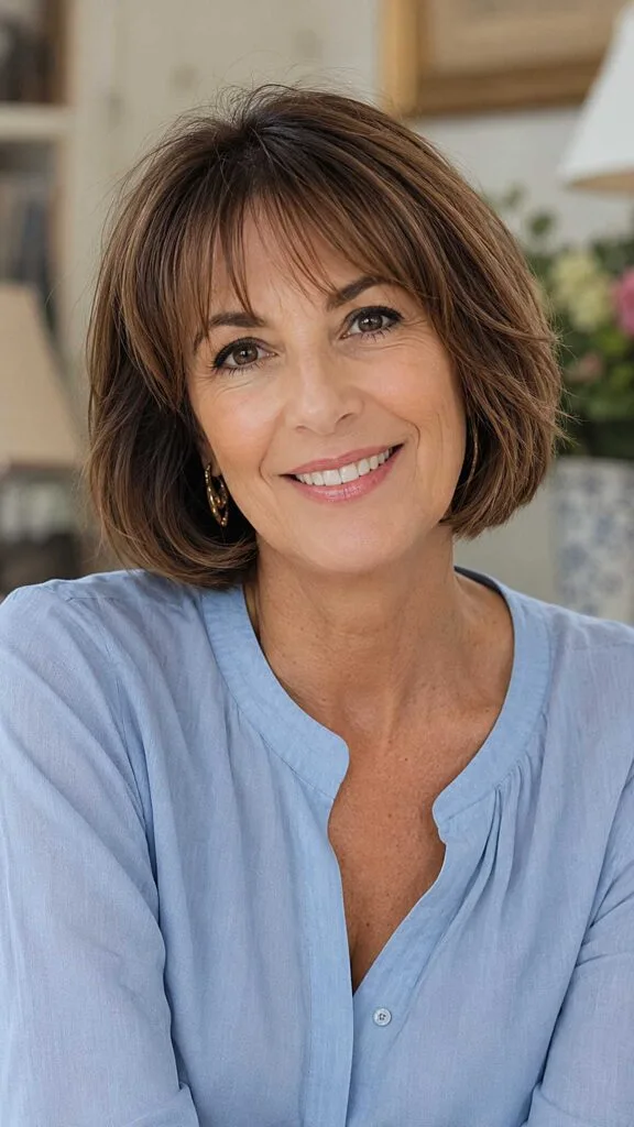 Warm Brunette Chin-Length Bob with Textured Fringe