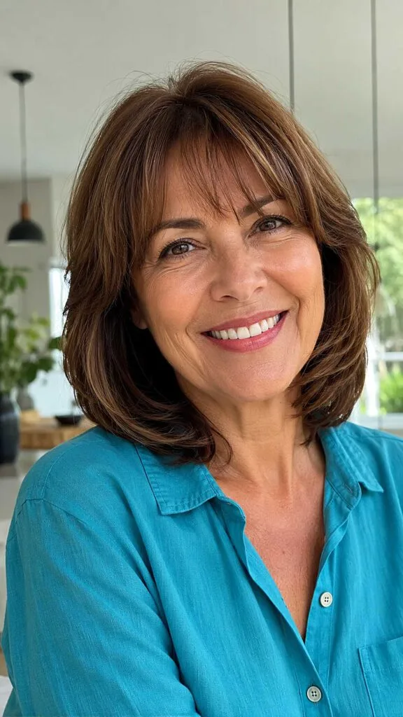 Warm Brunette Flipped Bob with Breezy Fringe