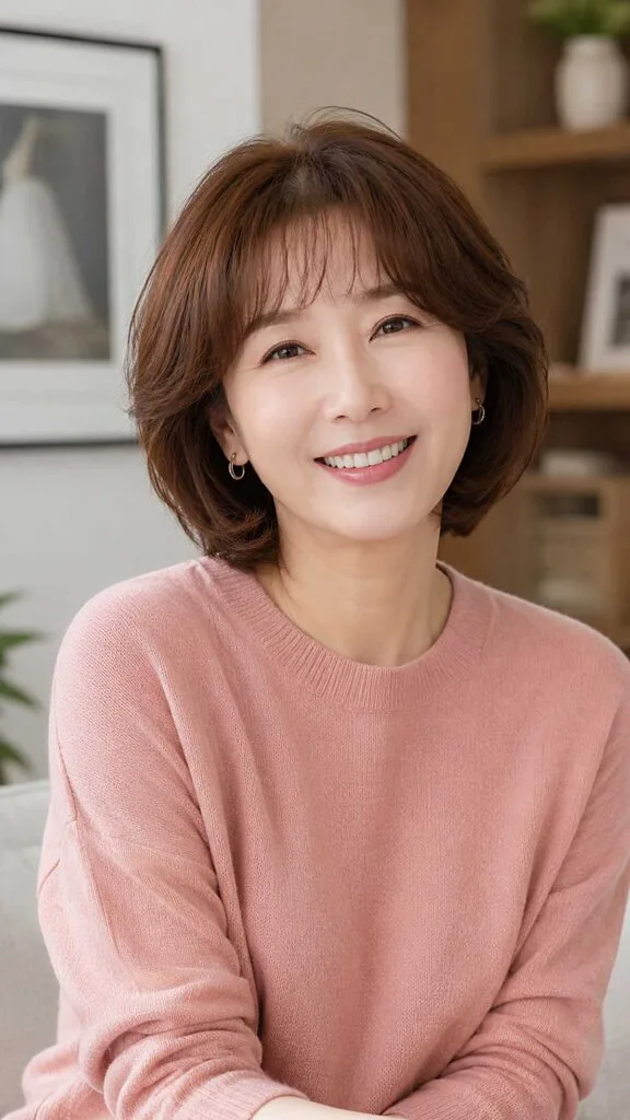 Warm Brunette Layered Bob with Airy Side-Swept Fringe