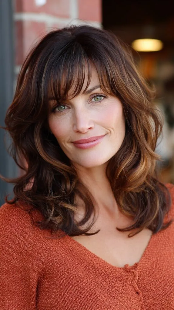 Warm Brunette Mid-Length Shag with Wispy Face-Framing Bangs