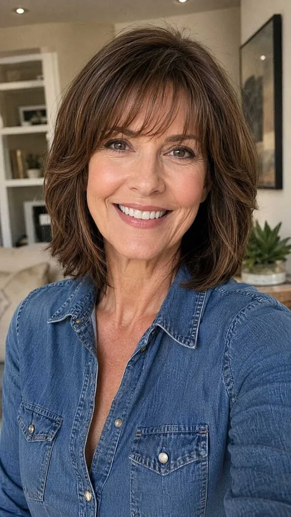 Warm Brunette Shag Bob with Layered Fringe