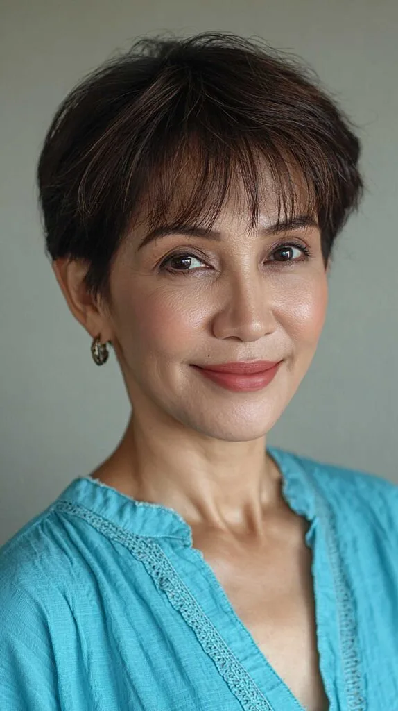 Warm Brunette Textured Pixie with Feathered Micro Bangs
