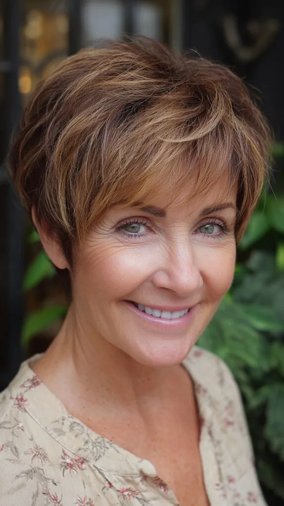 Warm Caramel Layered Pixie with Light Feathered Fringe