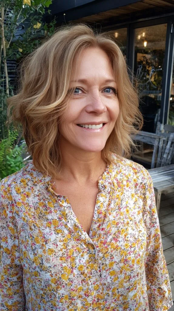 Warm Caramel Textured Shaggy Long Bob with Curtain Layering