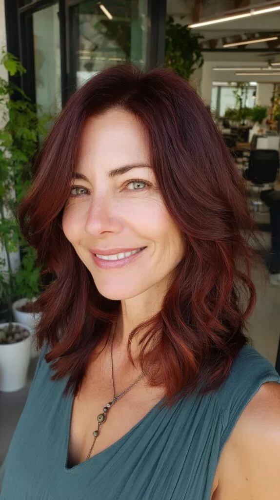 Warm Cherry Mocha Mid-Length Layered Waves with Deep Root Shadow