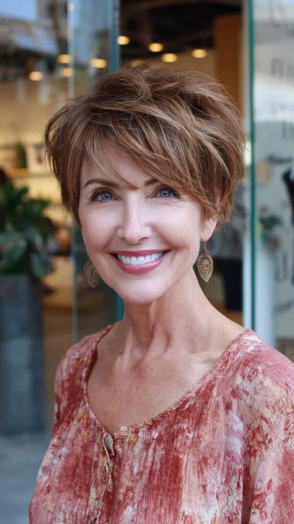 Warm Chestnut Layered Long Pixie with Side-Swept Micro Fringe