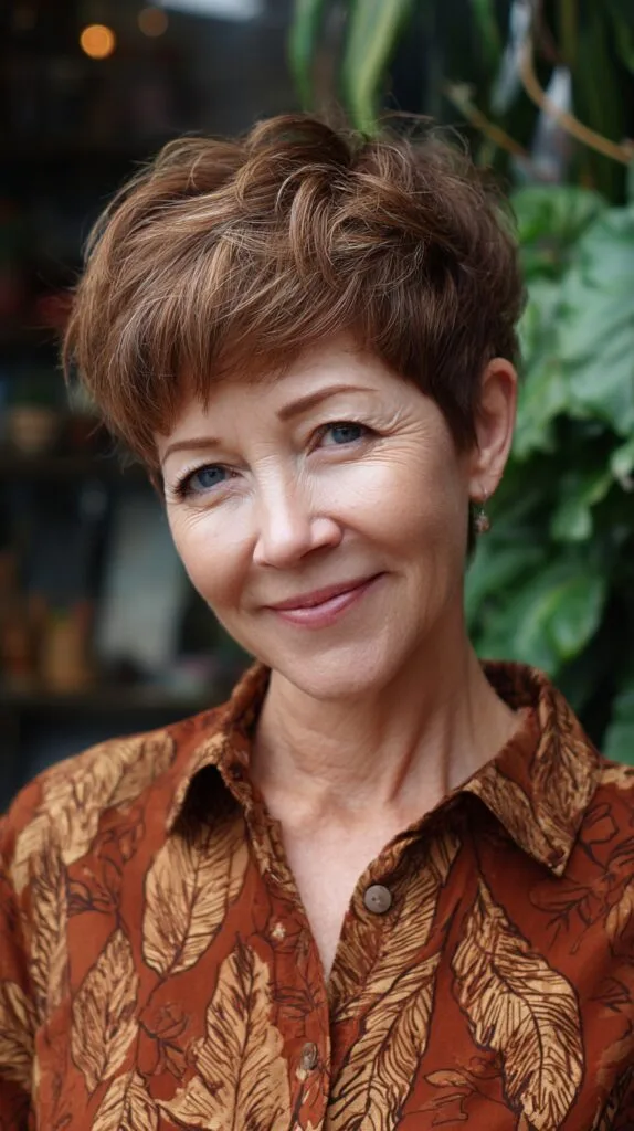 Warm Chestnut Pixie Shag with Micro‑Fringe and Crown Texture