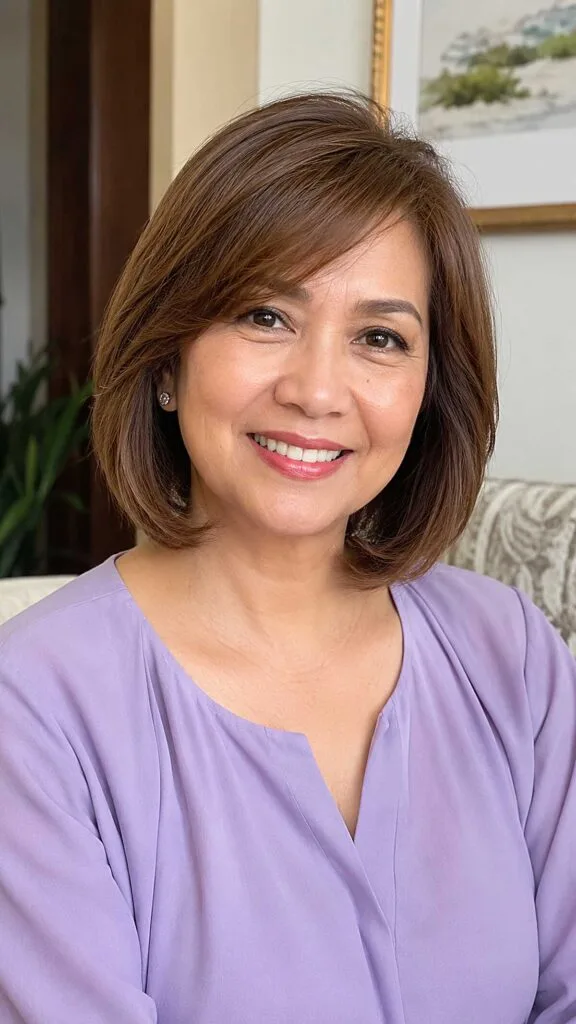 Warm Chestnut Rounded Bob with Long Swept Fringe