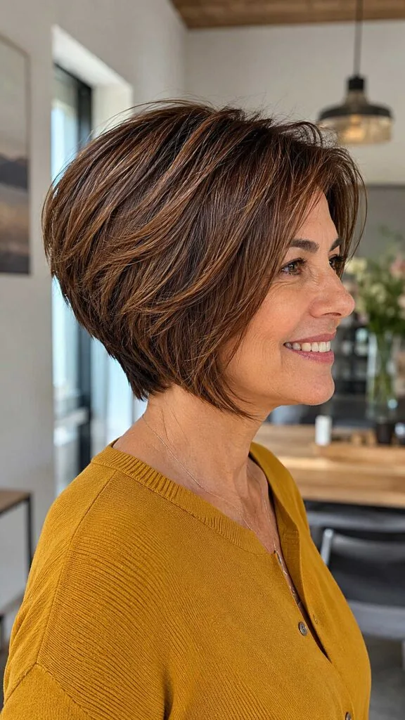 Warm chestnut stacked bob with sun-kissed highlights