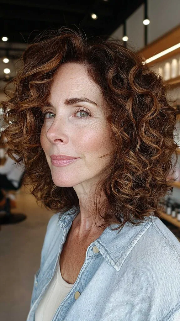 Warm Cinnamon Balayage on a Layered Curly Lob