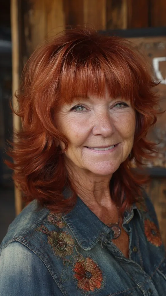 Warm Copper Feathered Mid-Length Shag with Blunt-Textured Fringe