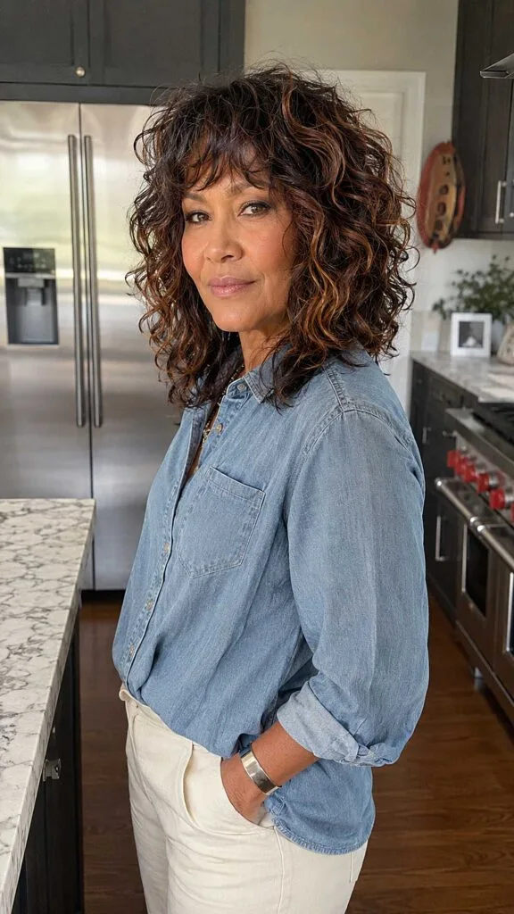 Warm Copper-Kissed Curly Shag with Loose Fringe