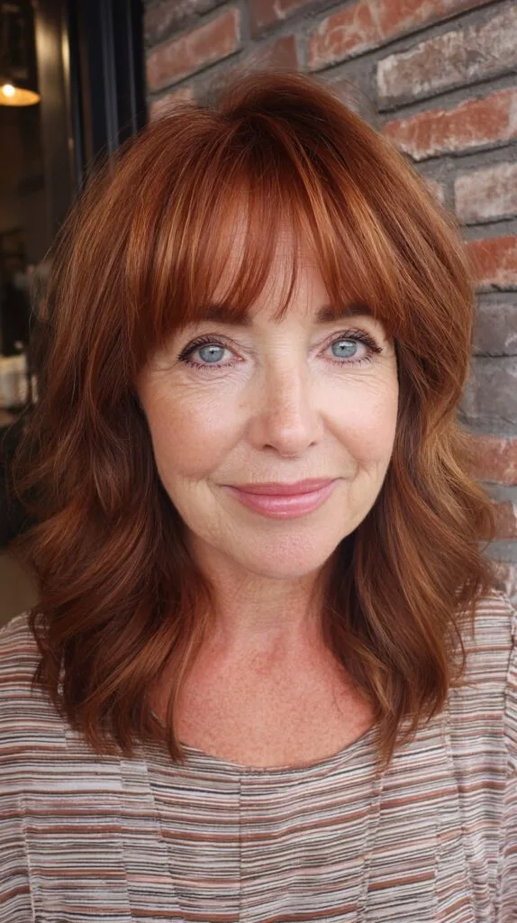 Warm Copper Shoulder-Length Layers with Sheer Brow Fringe