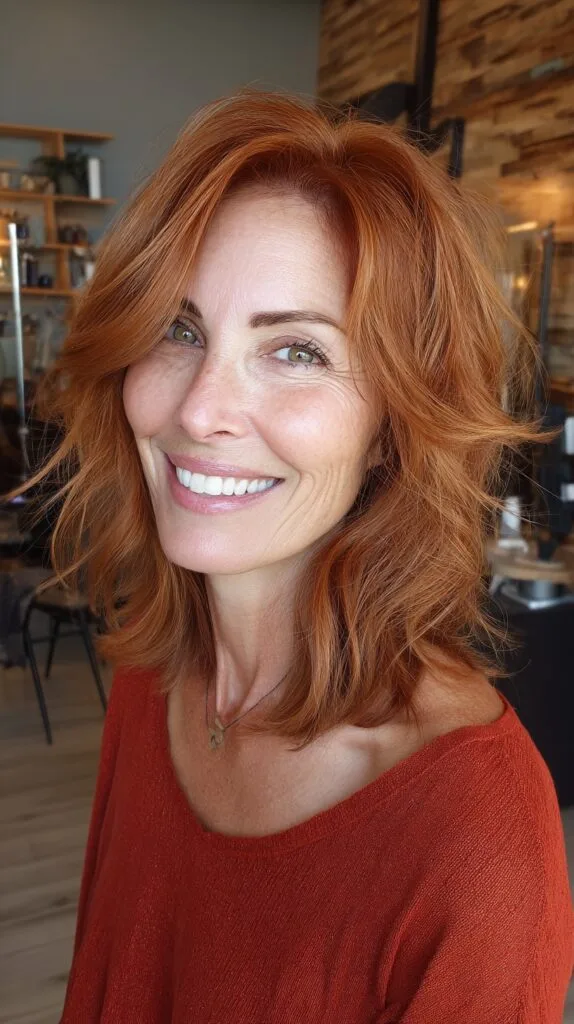 Warm Copper Shoulder-Length Layers with Soft Face-Framing