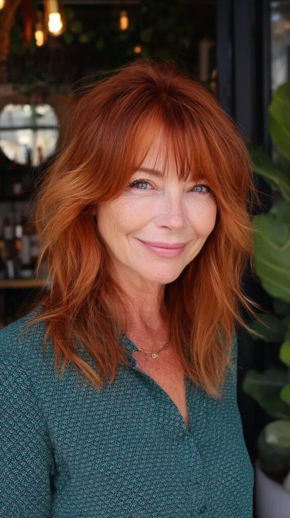 Warm Copper Shoulder Shag with Textured Face-Framing Layers