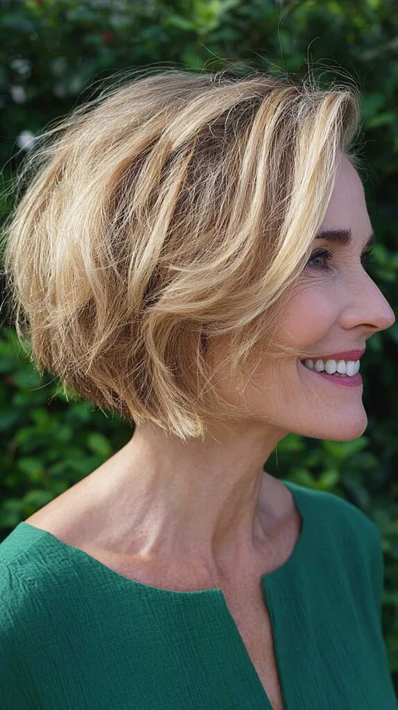 Warm honey blonde A-line bob with soft waves