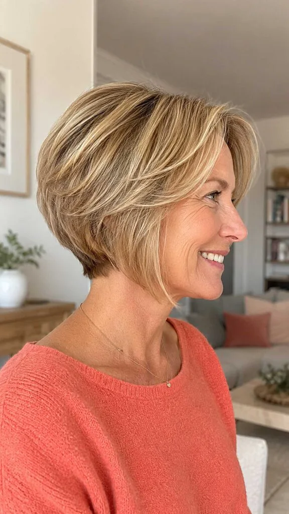 Warm honey blonde stacked bob with flipped layers