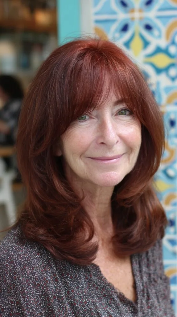 Warm Mahogany Mid-Length Cut with Feathery Curtain Fringe