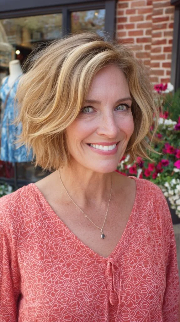 Warm Sun-Kissed Layered Chin-Length Bob with Rooted Depth
