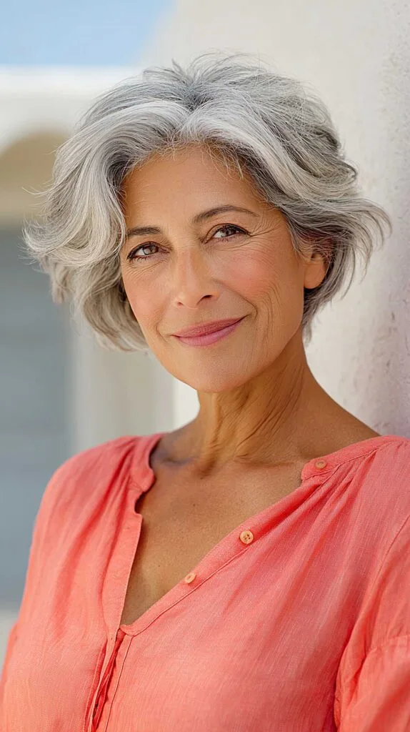 Wavy Gray Crop with Natural Dark Roots and Ear-Grazing Length