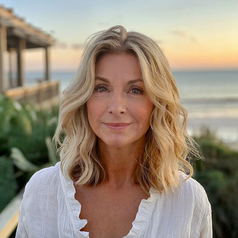 Wavy long bob with blonde highlights and soft layers for women over 50