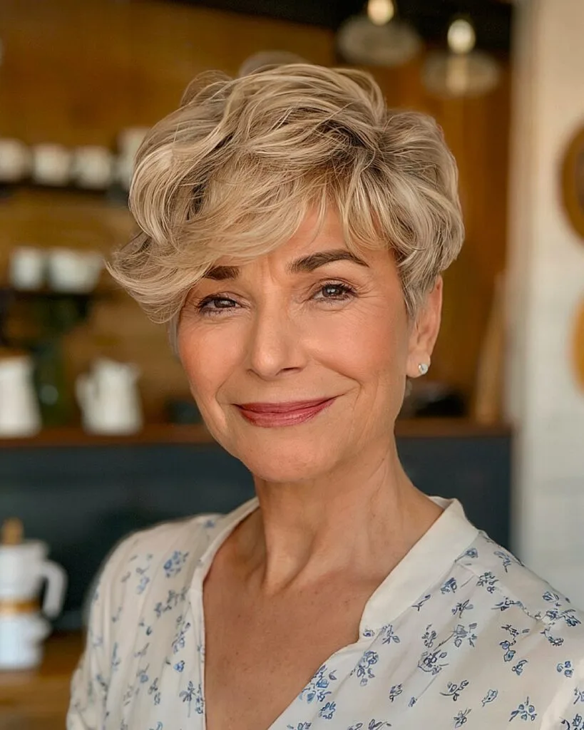 Wavy pixie shag haircut for over 50 with natural bend and soft blonde highlights