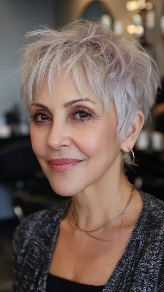 Whimsical Ash Grey Layered Pixie with Soft Highlights