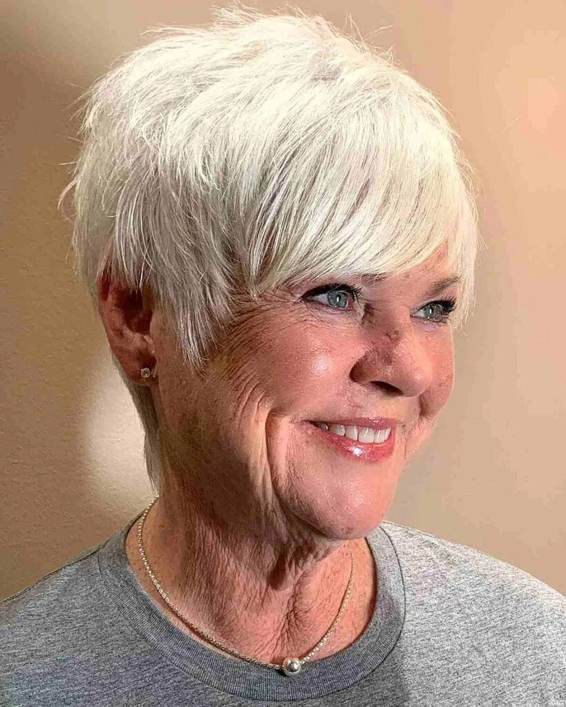 White Blonde Pixie with Long Bangs for Thin Hair