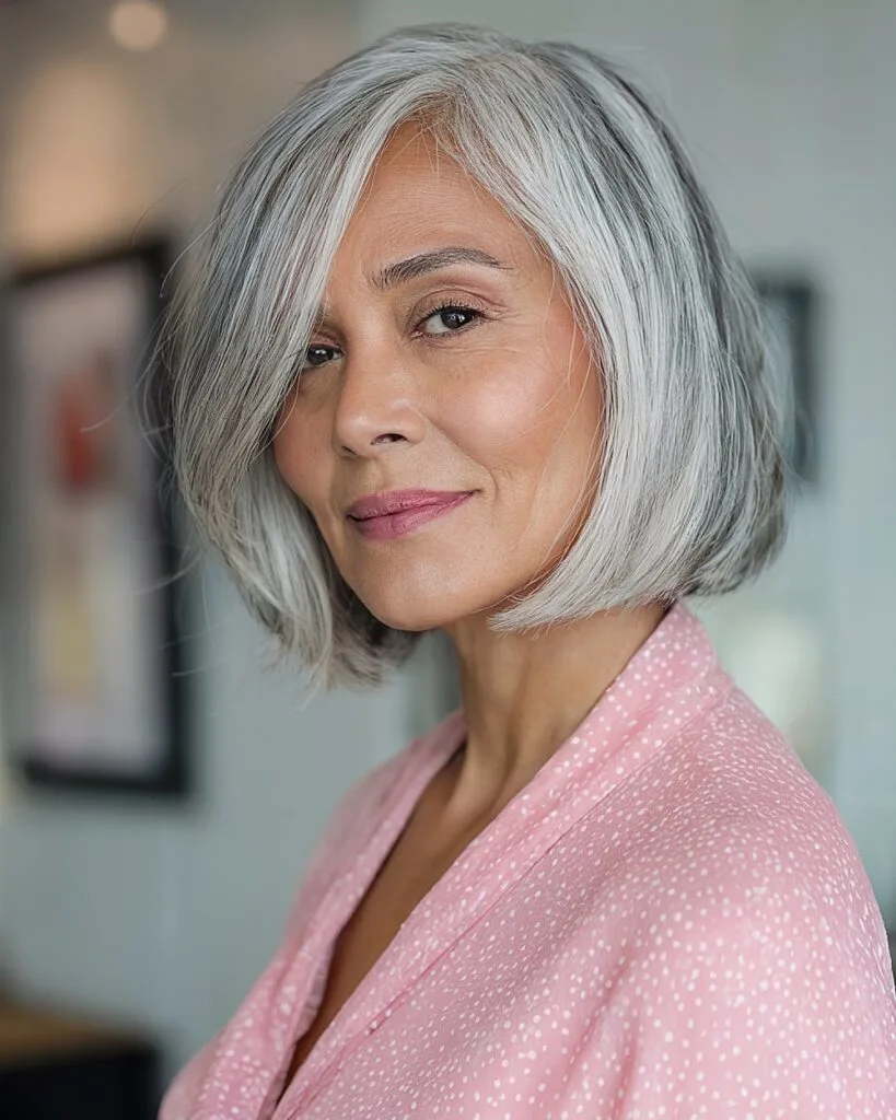 White gray hair with lowlights and brightened ends for older women