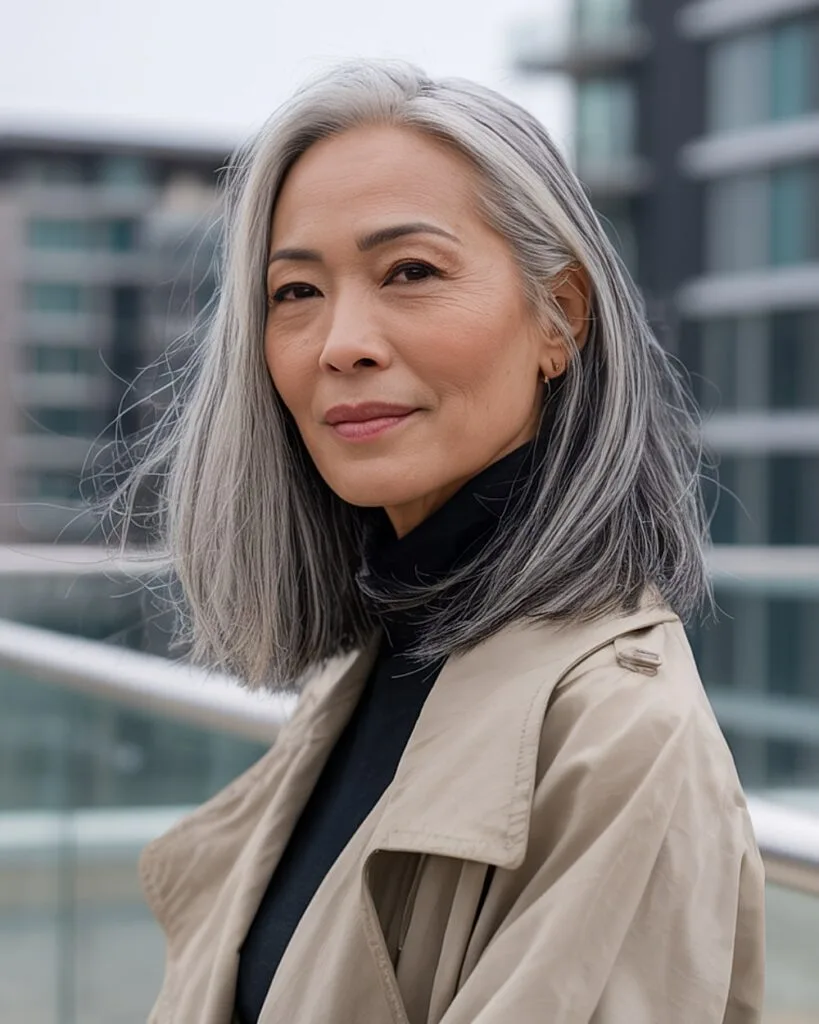White hair with subtle lowlights and a soft root melt for women over 50